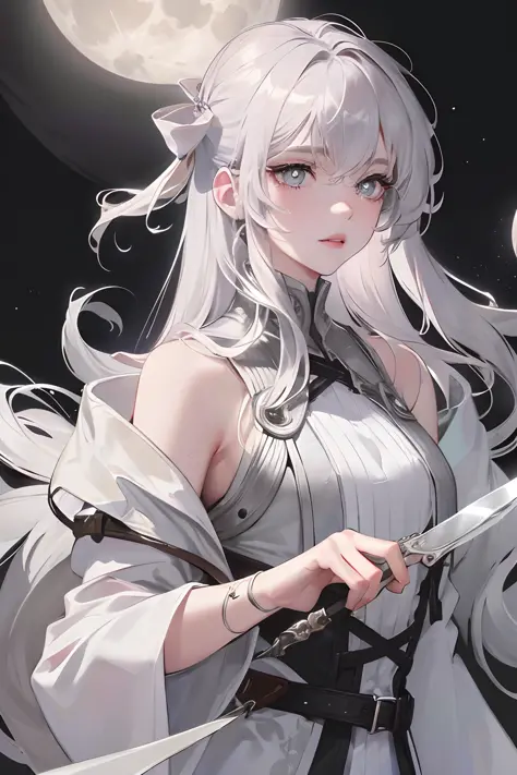 Masterpiece, Best Quality, Night, Full Moon, 1 Girl, Mature Female, Sister, Silver White Long haired Female, Light Pink Lips, Calm, Intellectual, Three Bands, Gray Pupils, Assassin, Short Knife, 