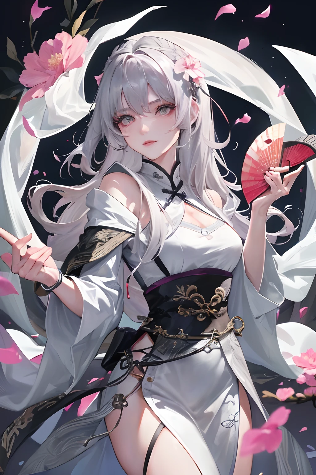 8K, masterpiece, best quality, night, full moon, 1 girl, Chinese style, Chinese architecture, mature woman, sister, silver white long haired woman, shawl, light pink lips, calm, rational, three straps, gray pupils, assassin, fan, knife fan, petal dancing