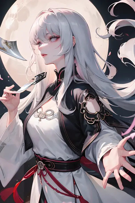 8K, masterpiece, best quality, night, full moon, 1 girl, Chinese style, Chinese architecture, mature woman, sister, silver white long haired woman, long hair, light pink lips, calm, rational, bangs, gray pupils, assassin, fan, knife fan, petal dancing, del...