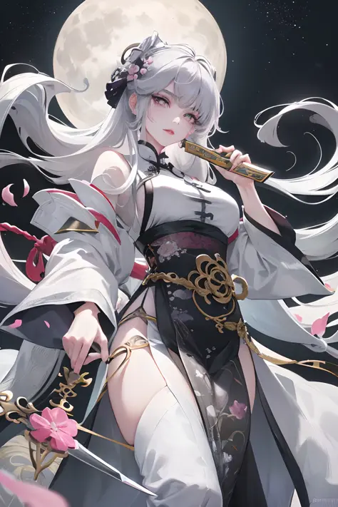 8K, masterpiece, best quality, night, full moon, 1 girl, Chinese style, Chinese architecture, mature woman, sister, silver white long haired woman, long hair, light pink lips, calm, rational, bangs, gray pupils, assassin, fan, knife fan, petal dancing, del...