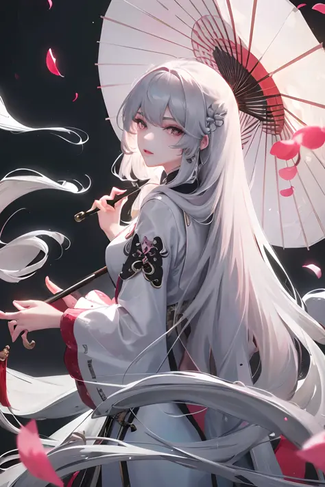 8K, masterpiece, best quality, night, full moon, 1 girl, Chinese style, Chinese architecture, mature woman, sister, silver white long haired woman, long hair, light pink lips, calm, rational, bangs, gray pupils, assassin, umbrella, umbrella, turn around, b...