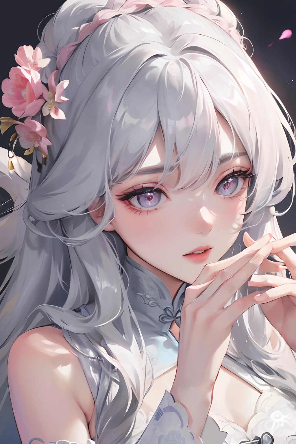 8K, masterpiece, best quality, night, full moon, 1 girl, Chinese style, Chinese architecture, mature woman, sister, silver white long haired woman, long hair, light pink lips, calm, rational, bangs, gray pupils, floral background, petal dancing, delicate face, delicate hands, close up