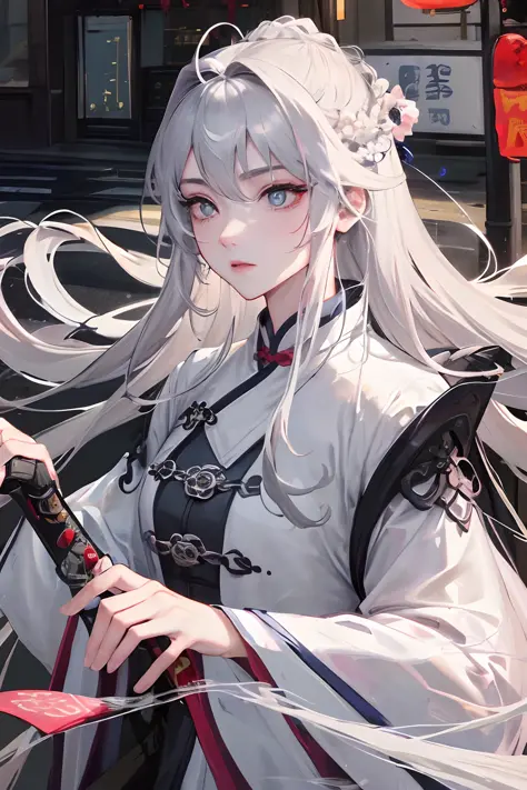 Masterpiece, Best Quality, Night, Full Moon, 1 Girl, Mature Woman, Chinese Style, Ancient China, Sister, Royal Sister, Cold expression, Face expressionless, Silver white long haired woman, Light pink lips, Calm, Intellectual, Triple bangs, Gray pupils, Ass...