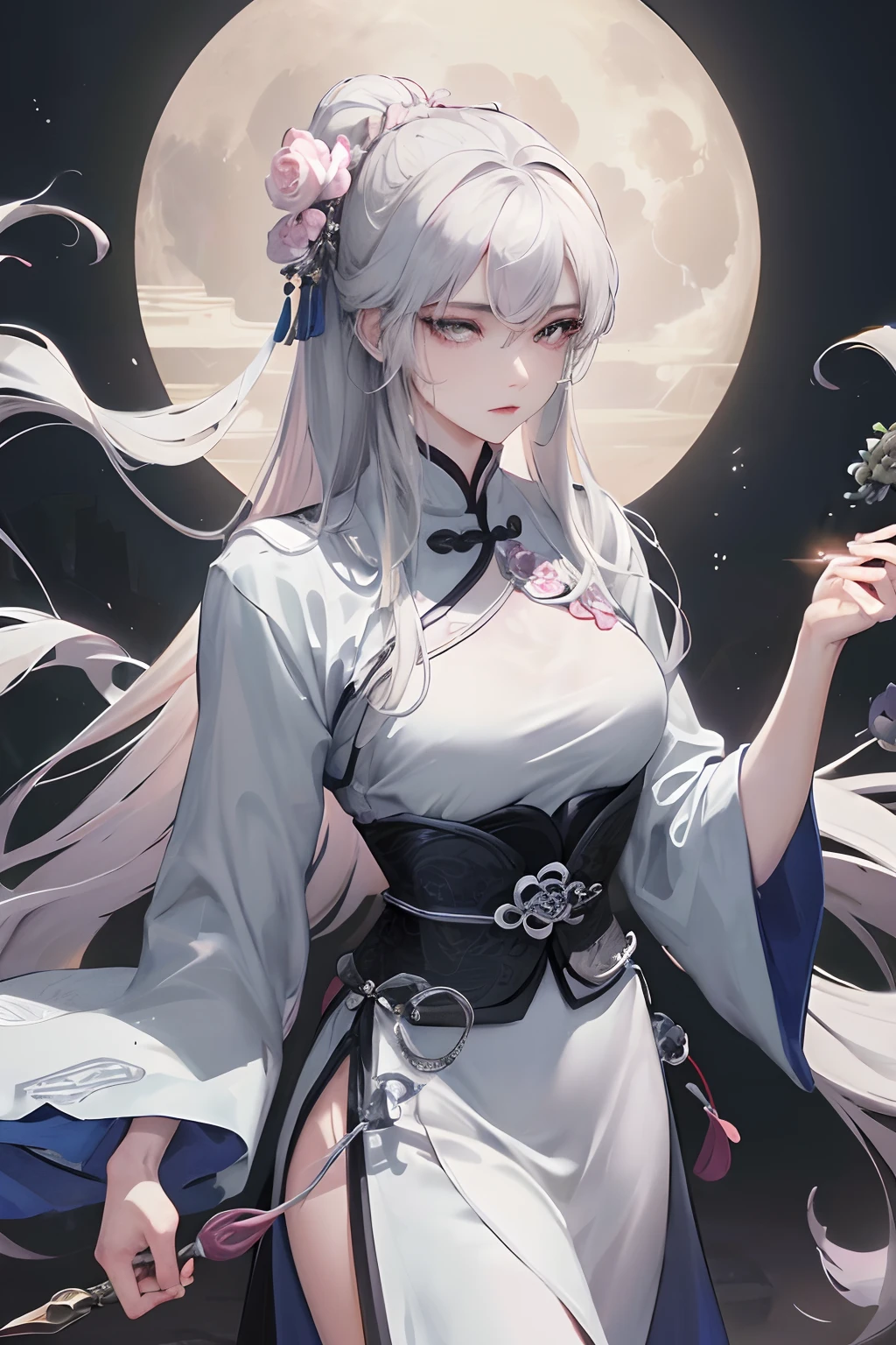Masterpiece, Best Quality, Night, Full Moon, 1 Girl, Mature Woman, Chinese Style, Ancient China, Sister, Royal Sister, Cold expression, expressionless face, Silver white long haired woman, Light pink lips, Calm, Intellectual, Three belts, Gray pupils, Assassin, Short knife, Flower ball background, Strolling in the street scenery