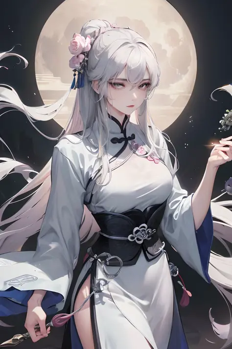 Masterpiece, Best Quality, Night, Full Moon, 1 Girl, Mature Woman, Chinese Style, Ancient China, Sister, Royal Sister, Cold expression, expressionless face, Silver white long haired woman, Light pink lips, Calm, Intellectual, Three belts, Gray pupils, Assa...