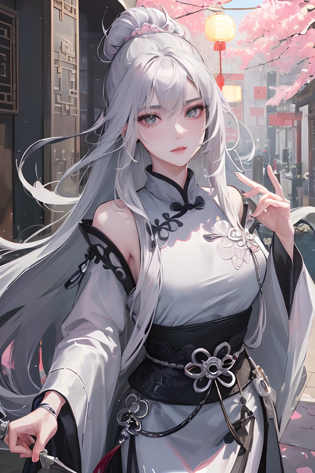 Masterpiece, Best Quality, Night, Full Moon, 1 Girl, Mature Woman, Chinese Style, Ancient China, Sister, Royal Sister, Cold expression, expressionless face, Silver white long haired woman, Light pink lips, Calm, Intellectual, Three belts, Gray pupils, Assassin, Short knife, Flower ball background, Strolling in the street scenery