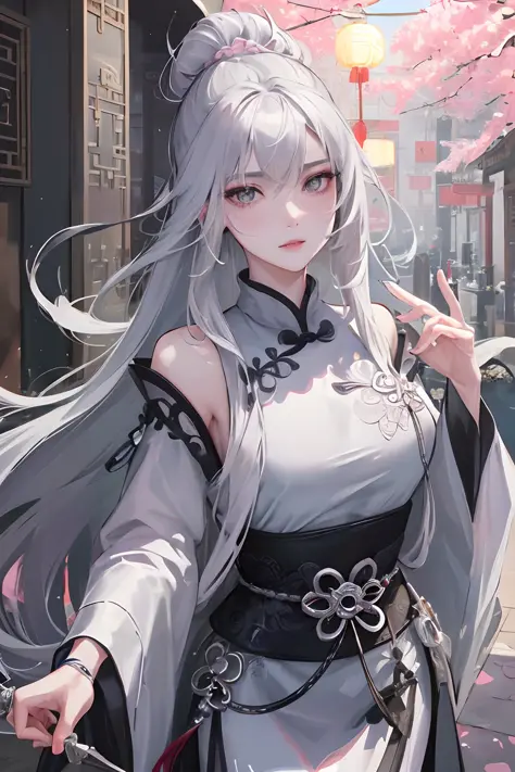 Masterpiece, Best Quality, Night, Full Moon, 1 Girl, Mature Woman, Chinese Style, Ancient China, Sister, Royal Sister, Cold expression, expressionless face, Silver white long haired woman, Light pink lips, Calm, Intellectual, Three belts, Gray pupils, Assa...