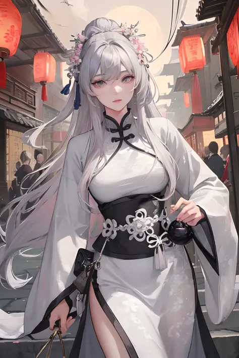 Masterpiece, Best Quality, Night, Full Moon, 1 Girl, Mature Woman, Chinese Style, Ancient China, Sisters, Royal Sisters, Cold Expressions, Faceless, Silver White Long haired Woman, Light Pink Lips, Calm, Intellectual, Three Belts, Gray Pupils, Assassin, Fl...