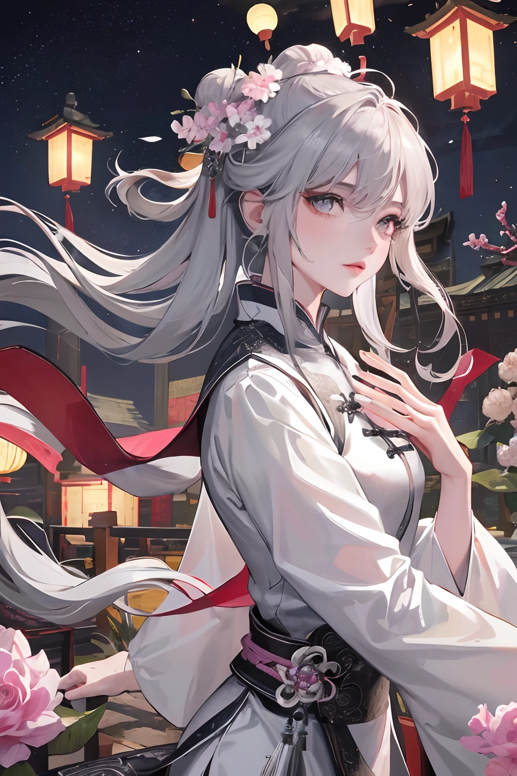 Masterpiece, Best Quality, Night, Full Moon, 1 Girl, Mature Woman, Chinese Style, Ancient China, Sisters, Royal Sisters, Cold Expressions, Faceless, Silver White Long haired Woman, Light Pink Lips, Calm, Intellectual, Three Belts, Gray Pupils, Assassin, Flower Lantern, Carrying Lanterns, Flower Ball Background, Strolling on the Street Landscape