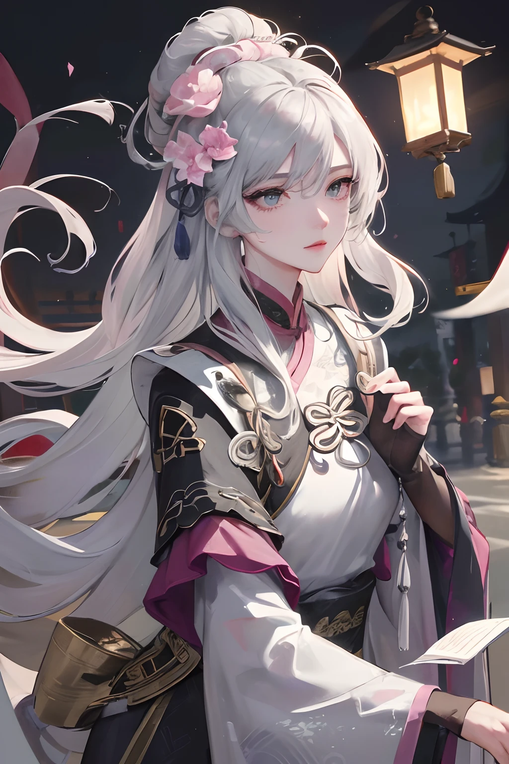 Masterpiece, Best Quality, Night, Full Moon, 1 Girl, Mature Woman, Chinese Style, Ancient China, Sisters, Royal Sisters, Cold Expressions, Faceless, Silver White Long haired Woman, Light Pink Lips, Calm, Intellectual, Three Belts, Gray Pupils, Assassin, Flower Lantern, Carrying Lanterns, Flower Ball Background, Strolling on the Street Landscape