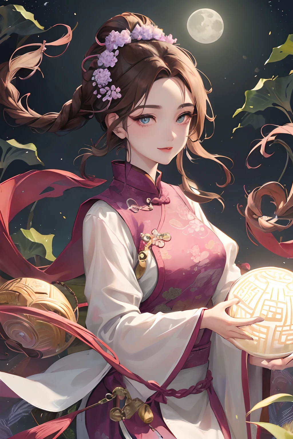 Masterpiece, best quality, night, full moon, 1 girl, mature woman, Chinese style, ancient China, sister, imperial sister, smile, brown hair, princess cut, a Fried Dough Twists braid, coiled hair, double ball heads, light pink lips, calm, intellectual, middle parting hair, green pupils, hairpin, hydrangea,