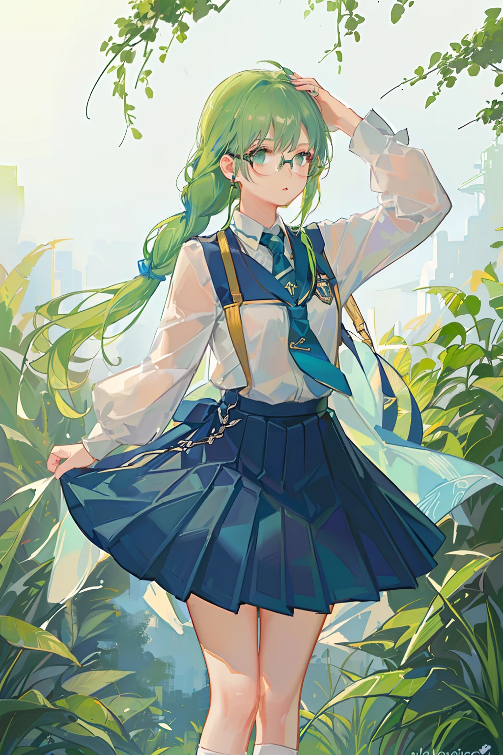 4K, best quality, 1 girl, 18 years old, light green hair, double layer fried dough braid, fried dough braid tied behind ears, dark blue tie. Dark blue pleated skirt, strap on skirt, glasses, vitality, vitality, girl, forest, small animal