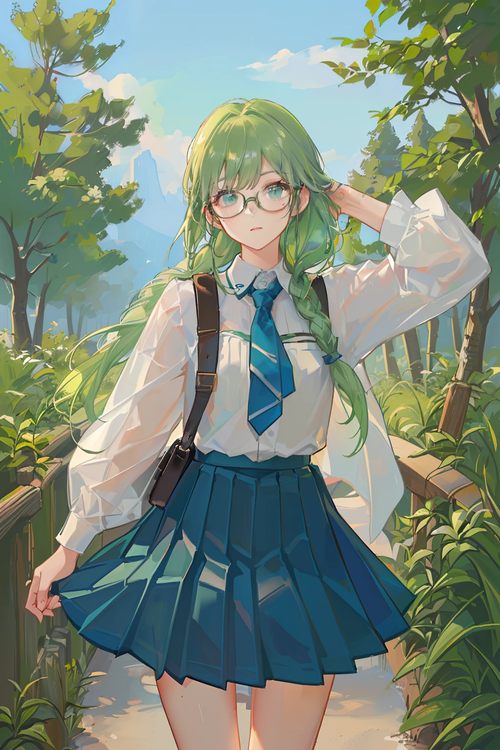 4K, best quality, 1 girl, 18 years old, light green hair, double layer fried dough braid, fried dough braid tied behind ears, dark blue tie. Dark blue pleated skirt, strap on skirt, glasses, vitality, vitality, girl, forest, small animal