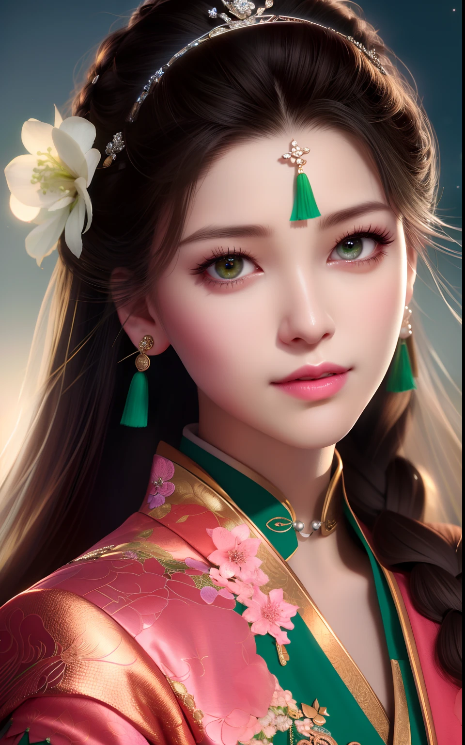 best quality, masterpiece, highres, night, full moon, 1 girl, mature woman, Chinese style, ancient China, sister, imperial sister, smile, dark brown hair, dark hair, princess cut, a Fried Dough Twists braid, coiled hair, double ball head, light pink lips, calm, intellectual, middle hair, green eyes, hairpin, hydrangea, fine face, facial close-up, hand close-up, green clothes,Beautiful face,upon_body, tyndall effect,photorealistic, rim lighting, two tone lighting,(high detailed skin:1.2), 8k uhd, dslr, soft lighting, high quality, volumetric lighting, Photograph, high resolution, 4k, 8k, Bokeh