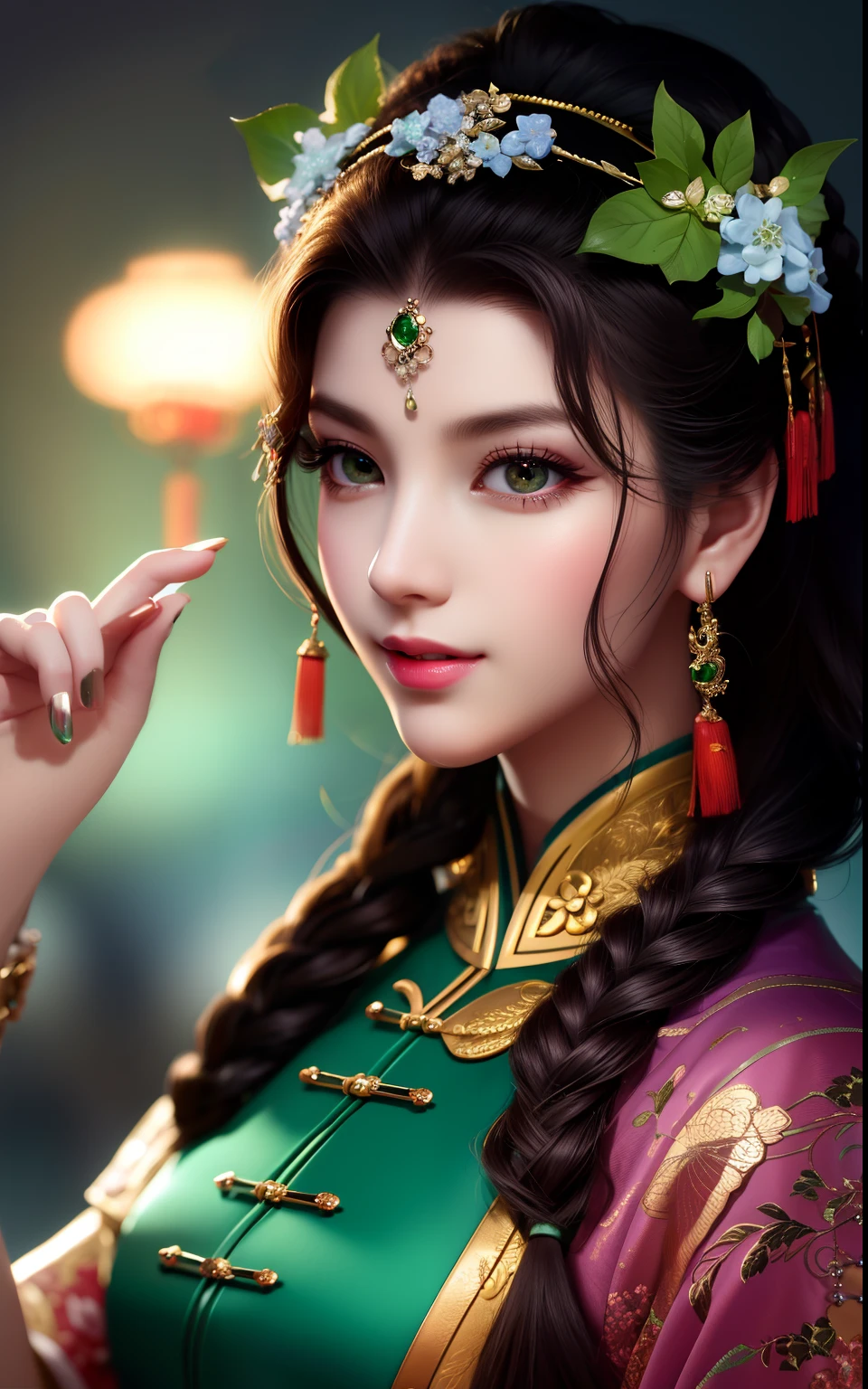 best quality, masterpiece, night, full moon, 1 girl, mature woman, Chinese style, ancient China, sister, imperial sister, smile, dark brown hair, dark hair, princess cut, a Fried Dough Twists braid, coiled hair, double ball head, light pink lips, calm, intellectual, middle hair, green eyes, hairpin, hydrangea, fine face, facial close-up, hand close-up, green clothes,Beautiful face,upon_body,photorealistic, rim lighting, two tone lighting,(high detailed skin:1.2), 8k uhd, dslr, soft lighting, high quality, volumetric lighting, Photograph, high resolution, 4k, 8k, Bokeh