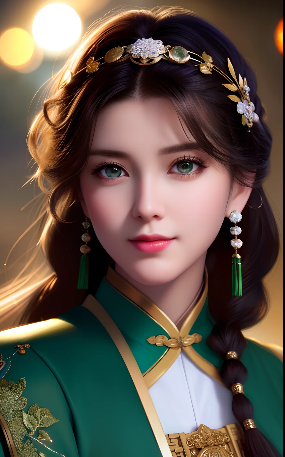 best quality, masterpiece, night, full moon, 1 girl, mature woman, Chinese style, ancient China, sister, imperial sister, smile, dark brown hair, dark hair, princess cut, a Fried Dough Twists braid, coiled hair, double ball head, light pink lips, calm, intellectual, middle hair, green eyes, hairpin, hydrangea, fine face, facial close-up, hand close-up, green clothes,Beautiful face,photorealistic, rim lighting, two tone lighting,(high detailed skin:1.2), 8k uhd, dslr, soft lighting, high quality, volumetric lighting, Photograph, high resolution, 4k, 8k, Bokeh