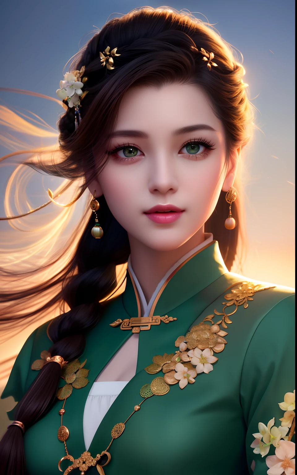 best quality, masterpiece,Upper body,night, full moon, 1 girl, mature woman, Chinese style, ancient China, sister, imperial sister, smile, dark brown hair, dark hair, princess cut, a Fried Dough Twists braid, coiled hair, double ball head, light pink lips, calm, intellectual, middle hair, green eyes, hairpin, hydrangea, fine face, facial close-up, hand close-up, green clothes,Beautiful face,photorealistic, rim lighting, two tone lighting,(high detailed skin:1.2), 8k uhd, dslr, soft lighting, high quality, volumetric lighting, Photograph, high resolution, 4k, 8k, Bokeh