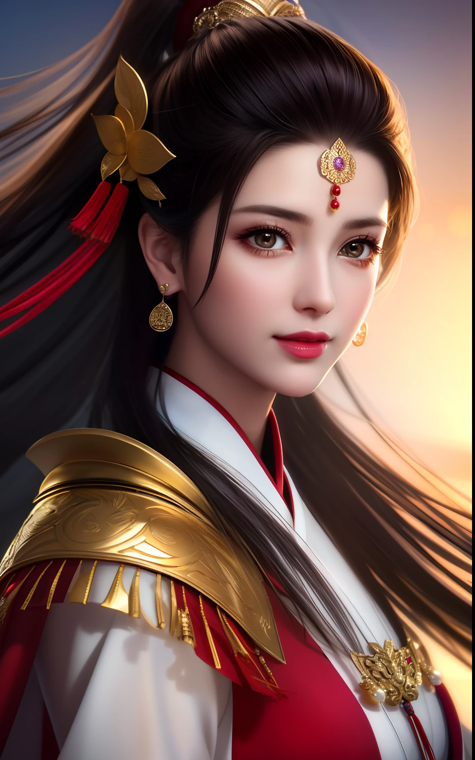 best quality, masterpiece,Upper body, night, full moon, 1 girl, mature woman, chinese style, ancient china, sister, imperial sister, smile, black hair, high ponytail, coiled hair, hairpins, light pink lips, calm, intellectual, brown eyes, tassels, gold thread, beads, armor, shroud silk dress, fine face, facial close-up, hand close-up, red clothes,Beautiful face,photorealistic, rim lighting, two tone lighting,(high detailed skin:1.2), 8k uhd, dslr, soft lighting, high quality, volumetric lighting, Photograph, high resolution, 4k, 8k, Bokeh