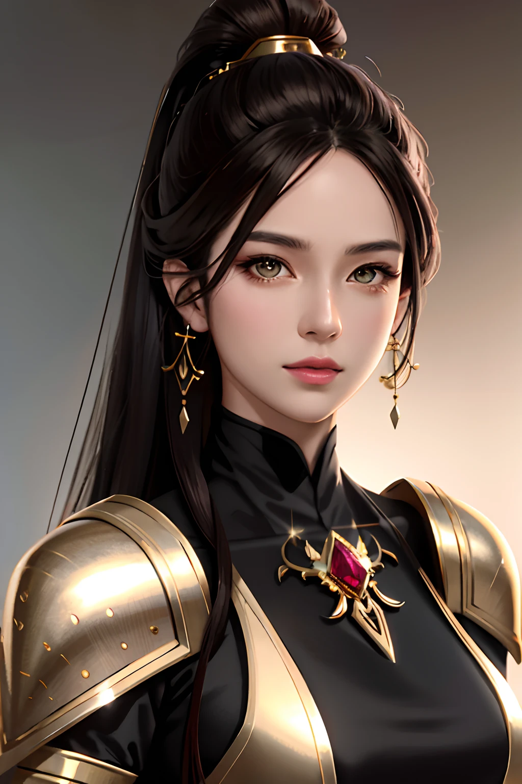 masterpiece, best quality, high quality, High definition, High quality texture, High quality shadow, high detail, Cinematic Light, sidelighting, Ray tracing, sharp focus, gundam,(battlefield),(gunsmoke),1 girl, mature woman, chinese style, ancient china, sister, imperial sister, smile, black hair, high ponytail, coiled hair, hairpins, light pink lips, calm, intellectual, brown eyes, tassels, gold thread, beads, armor, shroud silk dress, fine face, facial close-up,Beautiful face,photorealistic, rim lighting, two tone lighting,(high detailed skin:1.2), 8k uhd, dslr, soft lighting, high quality, high resolution, 