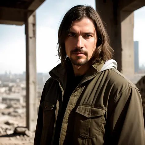 RAW photo, a close up portrait photo of brutal 45 y.o man in wastelander clothes, long haircut, pale skin, slim body, background is city ruins, (high detailed skin:1.2), 8k uhd, dslr, soft lighting, high quality, film grain, Fujifilm XT3 , strong 