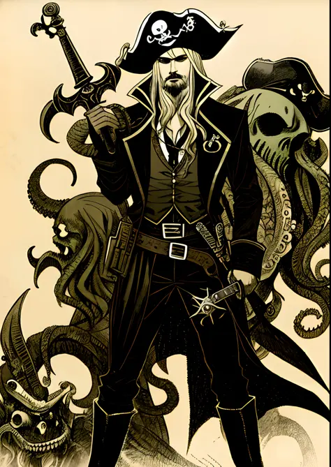 Pirate captain, sword in left hand, gun in right hand, Cthulhu, mysterious, mysterious, four headed body, dark, cartoon