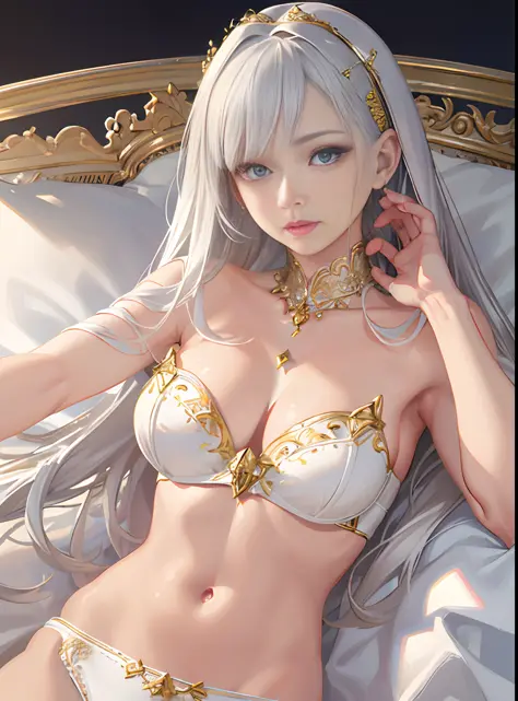 (photorealistic:1.4), (masterpiece, sidelighting, finely detailed beautiful eyes: 1.2), masterpiece*portrait, realistic, 3d face, golden eyes, shiny hair, lustrous skin, solo, embarassed, (midriff), white underwear, silver hair,