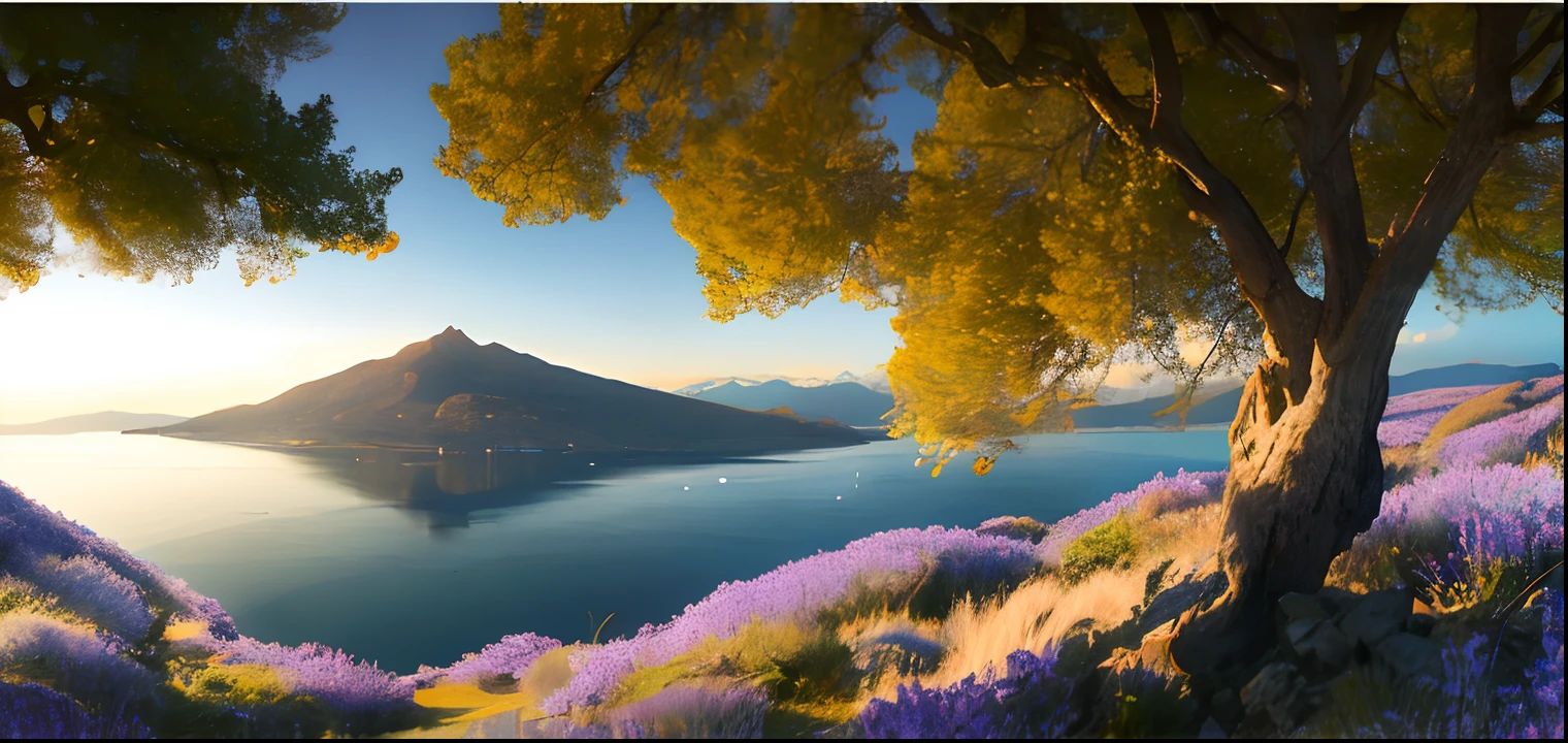 ギリシャのキオス島にあるアイポス山の画像。また、この画像にはキオス島のマヴラ・ヴォリアの画像も見られます。, 映画のような, 8k, 超リアル,シーンのコンセプトデザイン: 巨大な湖, 東側は巨大な木の天蓋で覆われている, 薄い霧に包まれた. 海岸沿いには白い蛍光ブルーベルが咲いている, 青紫色の色合い - AR 16:9 --v 5 - 画像 #1 