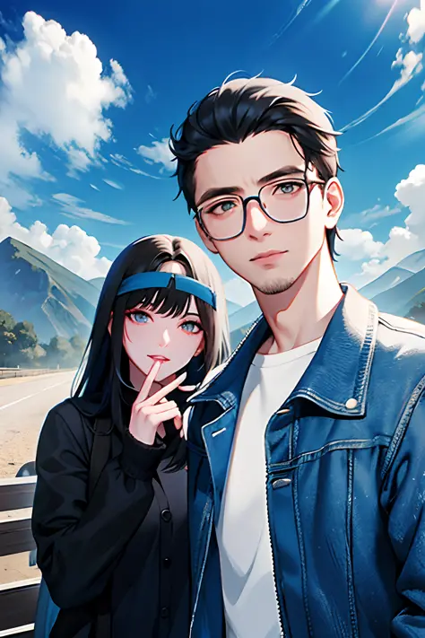 Blue background, black hair, (woman on left), (man on right), (long hair on left), (short and handsome on right), (full body), (sky background), the weather is sunny
