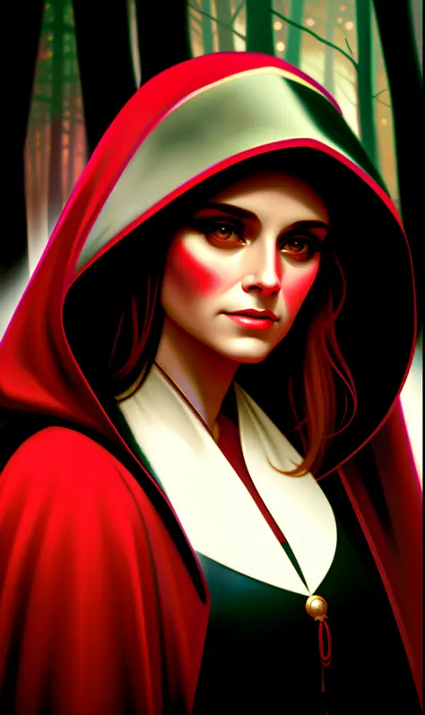 closeup portrait of a cute red riding hood in a dark spooky forest, big bad wolf in background, scary, (backlighting), realistic...