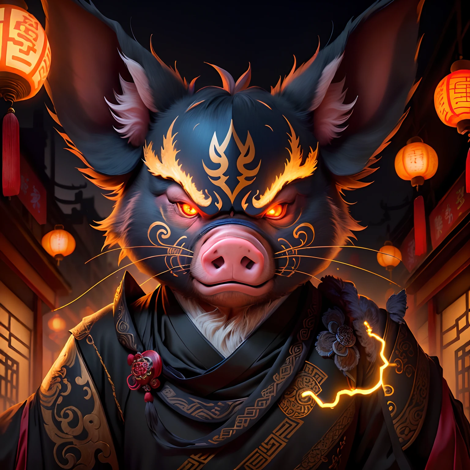 A pig, magical, anthropomorphic, boy, angry expression, glowing eyes, Prajna mask, Hanfu, background ancient Chinese street, night. Genshin Impact Impact, best picture quality, high detail, high quality, ultra high resolution, oc rendering, 8K