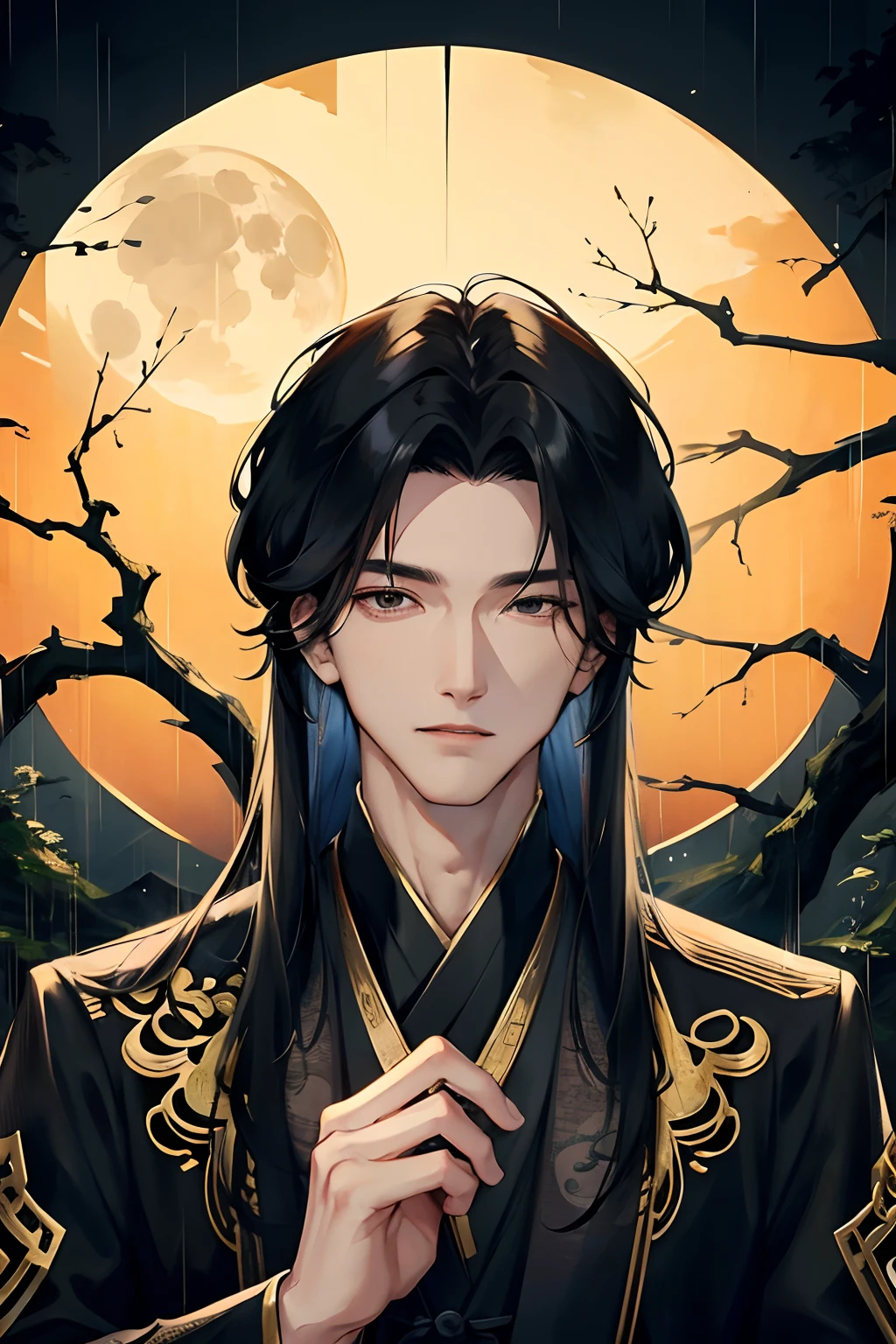 Masterpiece, best quality, outdoor, night, full moon, lakeside, branches, 1 man, mature man, Chinese style, ancient China, black hair, black eyes, forked hair, long hair, long bangs, handsome, handsome, masculine, gentle, tall, calm, black and gold mixed clothing, dragon pattern, prince, umbrella, rainy day, facial fine, facial details,