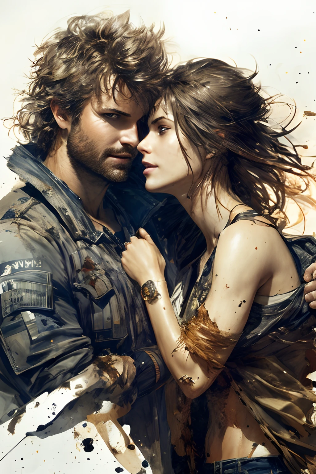 couple, beautiful women, sexy man, (swag), (smirk), (love), beautiful detailed eyes, (messy hair), drawn by Greg Rutkowski, (Yoji Shinkawa:0.3)