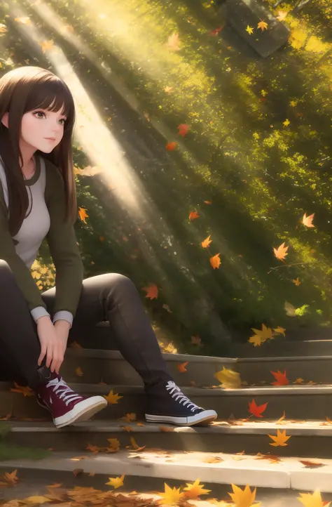 best quality, masterpiece,
(adult:1.6) beautiful woman, (smirk:0.4), 
long brown hair,
emerald eyes,
sitting on steps,
falling autumn leaves,
concrete steps,
converse,
leafy background,
 floating light particles, 