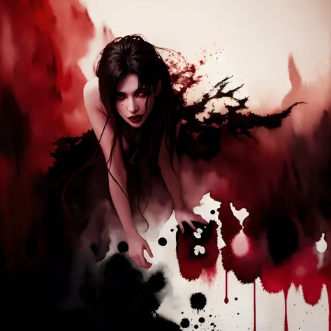 Beautiful vampire, bared fangs, blood-covered river as background, watercolor style smear, art, dramatic lighting, David Lynch's image style, abstract expressionism, metaphysics, expressionism, golden ratio,details aesthetic octane render excellent composi...