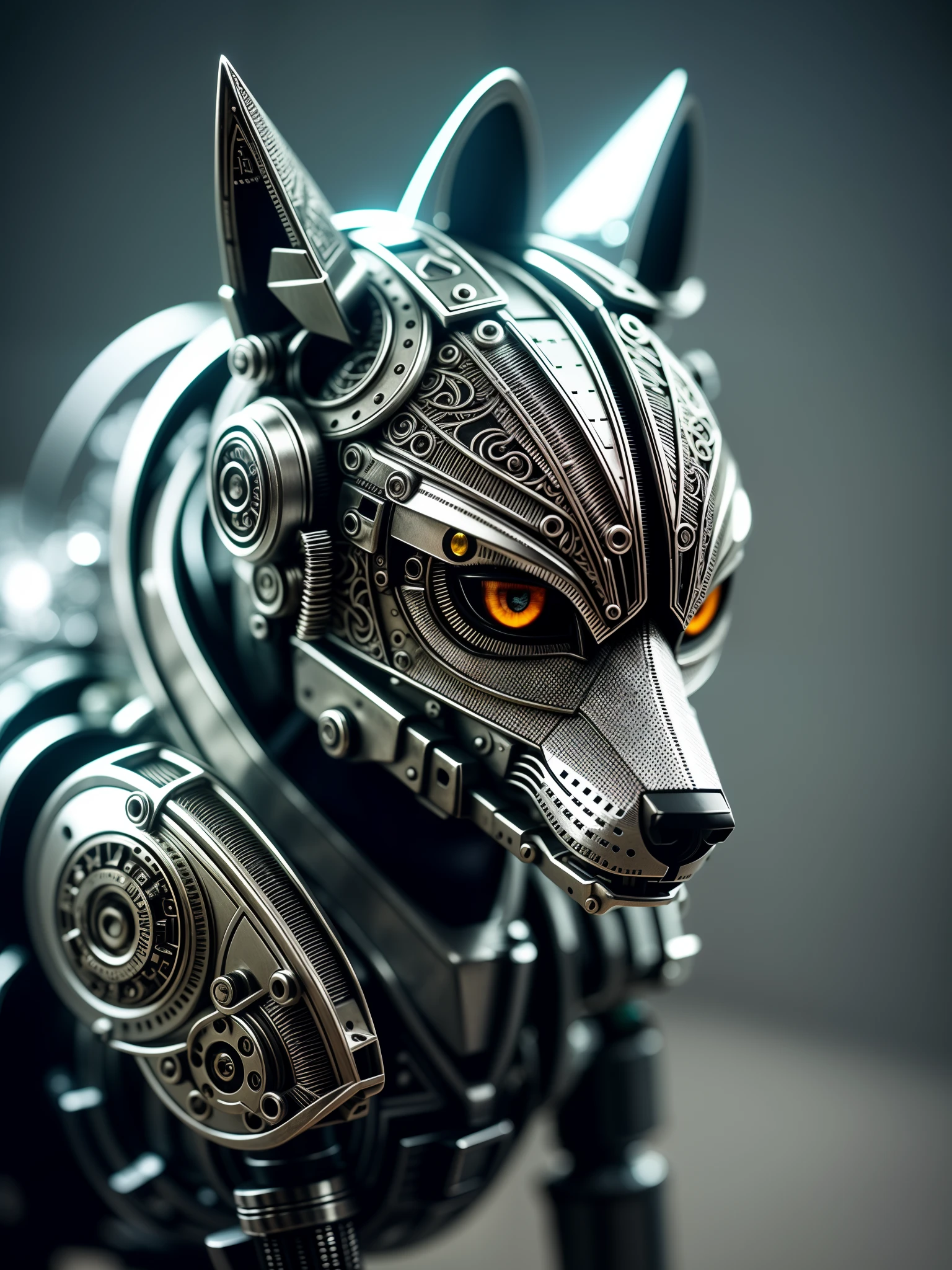 a cute wolf made out of metal, (cyborg:1.1), ([tail | detailed wire]:1.3), (intricate details), hdr, (intricate details, hyperdetailed:1.2), cinematic shot, Vignette, centered