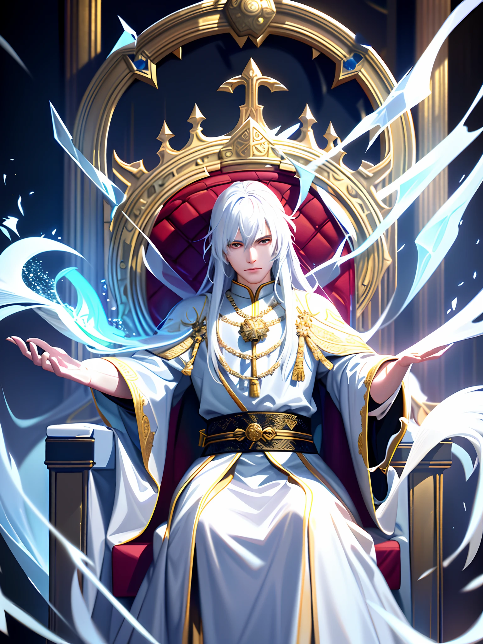 young king, deep focus, photorealistic, fantasy, intricate, white hair, ice mage,  wearing white chinese dragon robe, sitting on throne, imperial throne room, intimidating, highly detailed, digital painting, artstation, splash art, matte, sharp focus, illustration, semirealistic