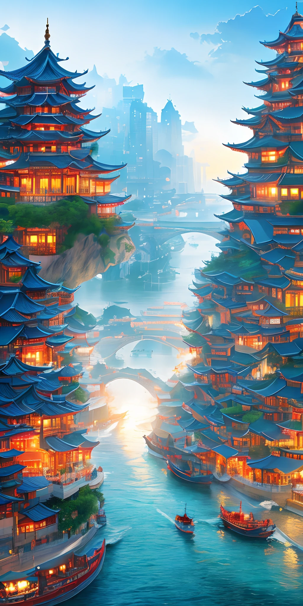 Along the River During Qingming Festival，horizontal layout, high resolution, best quality, ultra-detailed, dynamic angle, floating, bustling cityscape, intricate details, historical architecture, flowing river, vivid colors, volumetric lighting, crowded boats and bridges, rich cultural background.