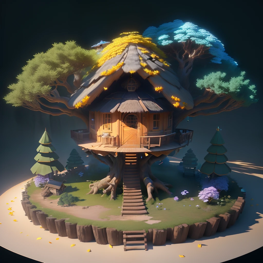 masterpiece, best quality, (extremely detailed CG unity 8k wallpaper), (best quality), (best illustration), (best shadow), A round beehive hut covered with flower petals,,(Forest tree house),Hexagonal,honeycomb decoration,isometric 3D, octane render,ray tracing,ultra detailed