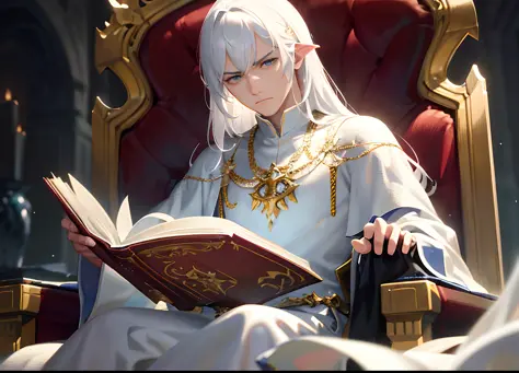 photorealistic, young king, deep focus, d & d, fantasy, intricate, white hair, ice mage, young man, 1 man, frowning, majestic au...
