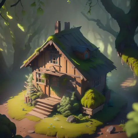 masterpiece, best quality, (extremely detailed CG unity 8k wallpaper), (best quality), (best illustration), (best shadow), A small house covered with moss， isometric 3D, octane render,ray tracing,ultra detailed