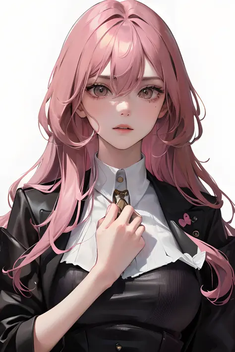 (highest resolution, distinct_image) Best quality, a female's masterpiece, highly detailed, semi realistic,(most of body),pink long hair, bangs, 18 years old, young,black fitting,Pinkish-purple flight suit,Stand collar shirt,Sharp Face,(brown Eyes, Hair Between Eyes), Fluorescent Long Coat (Broken Glass),(plain white background),cold, serious,authoritative,powerful,(Standing Painting),(exquisite facial features, exquisite facial features)