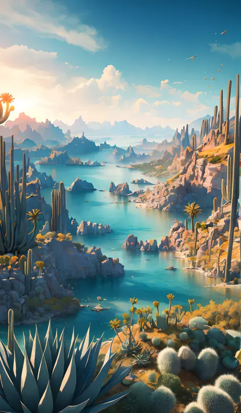 ((masterpiece)), best quality, high quality, ((extremely detailed CG unity 8k wallpaper)),(fantasy), A dry place like an empty desert, dearest, viewing on higher mountain, ((giant agave titanota)), wild plants, foxy, , Mono Lake,hackberry,3D Digital Painti...