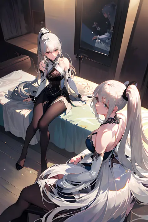 (((2 girls))),ray tracing, (dim light), [realistic] ((detailedbackground(bedroom))),(((silver hair)), (((A long disheveled silver-haired, busty yet slender girls with a high ponytail))) are  in the ominous bedroom, averting their blonde eyes, ((and the gir...