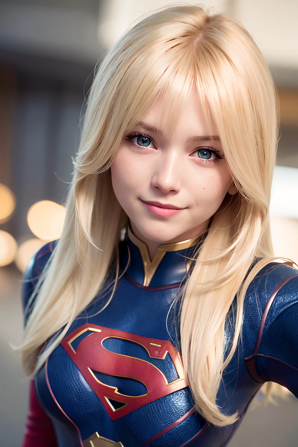 detail face, best quality, ultra high res, (photorealistic:1.4), ((detailed facial features)), 8k resolution, Supergirl from DC Comics, 1girl, (blonde hair:1.3), (much hair:1.3), (detailed hair:1.2), (bangs:1.2), (detailed eyes:1.2), thin eyebrows, (smiling:1.3), perfect body, curvy body, medium breasts, (bar:1.4),(dark night:1.5), flying.