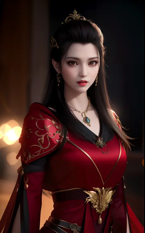 best quality, masterpiece, vampire, fully covered red and black cloths, visible vampire teeth, highres, 1girl,china dress,hair ornament,necklace, jewelry,Beautiful face,upon_body, tyndall effect,photorealistic, dark studio, rim lighting, two tone lighting,(high detailed skin:1.2), 8k uhd, dslr, soft lighting, high quality, volumetric lighting, candid, Photograph, high resolution, 4k, 8k, Bokeh