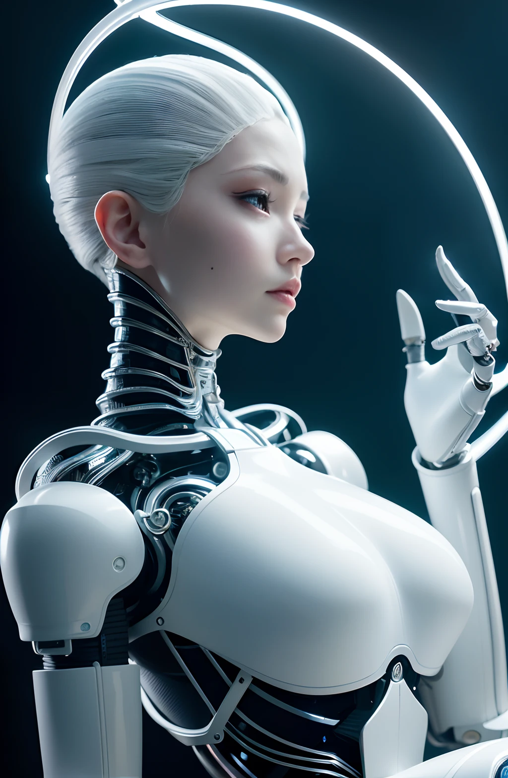 complex 3d render ultra detailed of a beautiful porcelain profile woman android face, cyborg, robotic parts, 150 mm, beautiful studio soft light, rim light, vibrant details, luxurious cyberpunk, lace, hyperrealistic, anatomical, facial muscles, cable electric wires, microchip, elegant, beautiful background, octane render, H. R. Giger style, 8k, best quality, masterpiece, illustration, an extremely delicate and beautiful, extremely detailed ,CG ,unity ,wallpaper, (realistic, photo-realistic:1.37),Amazing, finely detail, masterpiece,best quality,official art, extremely detailed CG unity 8k wallpaper, absurdres, incredibly absurdres,  robot, silver halmet, full body, sitting