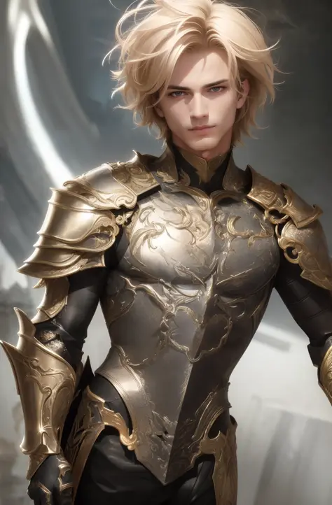 best quality, masterpiece, upper body,
bright highlights, (extremely detailed CG unity 8k wallpaper), handsome young man, 
(male, man), short messy hair, serious, dramatic pose, shiny armor, knight, cinematic lighting, photorealistic, dynamic pose, sharp-f...