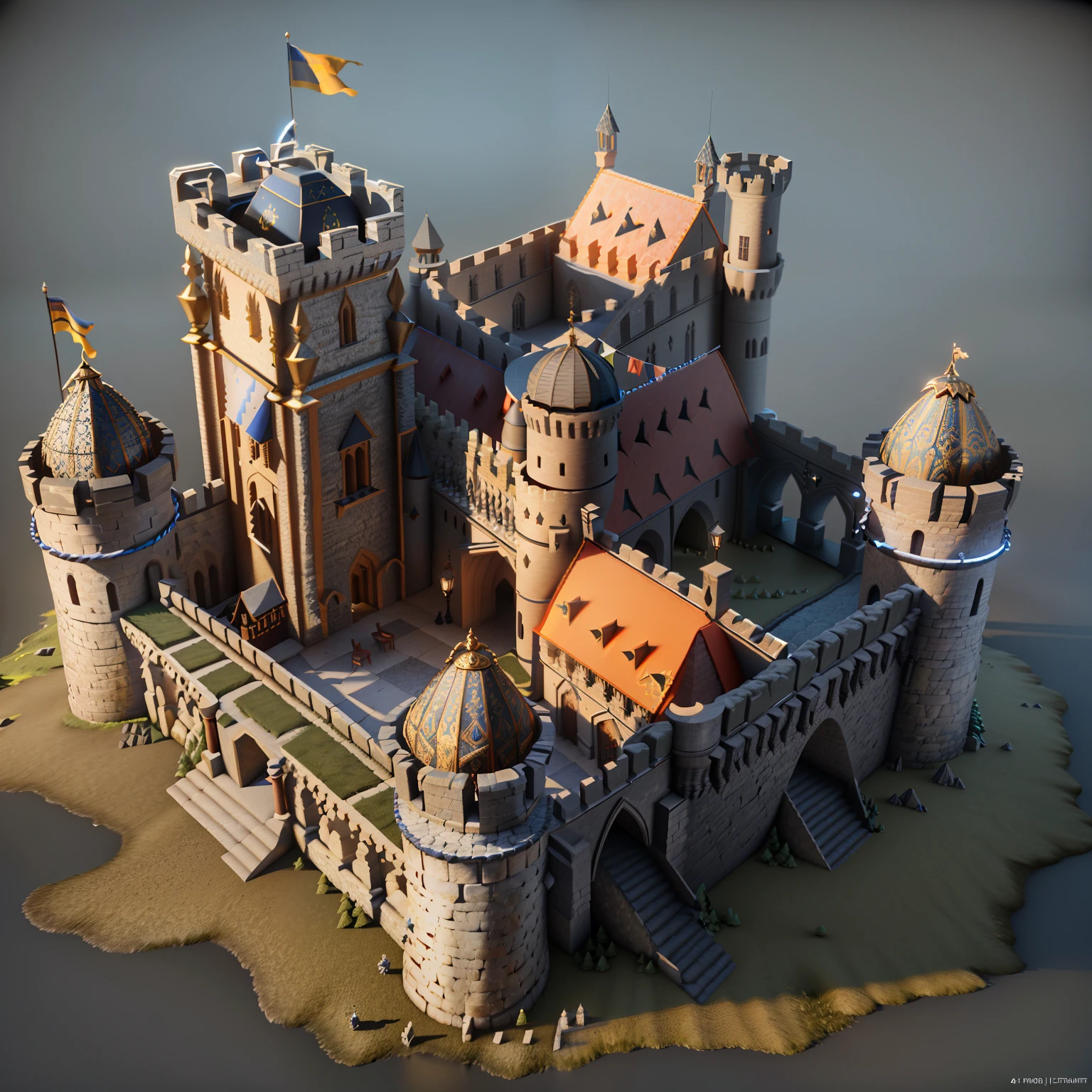 ((Under a 45 degree camera)),(realist),isometric perspective,A medieval European architecture, game model, Fortress, fortress, castle, military base,Military architecture,architectural model, 3D rendering,,High quality, ultra-high definition details,concept design,monomer building,cinematic light, very high definition, high details, 8k, hyper realistic, high detail, Cinematic, 35mm lens, f/ 1. 8, global illumination,realistic lighting,Unreal Engine rendering,Substance 3D, Octane rendering,(hdr:1.3)