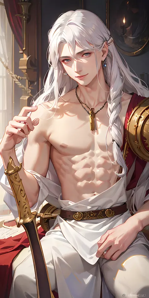 (photorealistic:1.4),best quality, masterpiece,male,thin,muscle,pointed ear,pale gray  skin,long curly white hair,red eyes,smile,bard,DND,A lute on his back