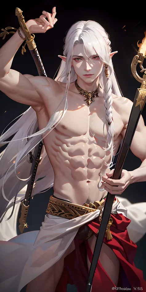 (photorealistic:1.4),best quality, masterpiece,male,thin,muscle,pointed ear,pale gray  skin,long curly white hair,red eyes,smile,bard,DND,two machetes hung at his waist